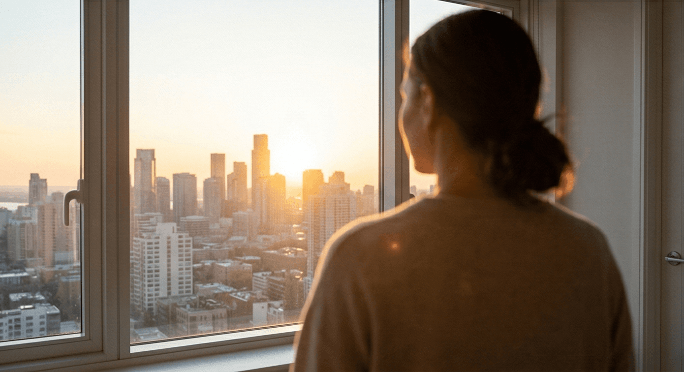 Woman looking out over a city skyline at sunset